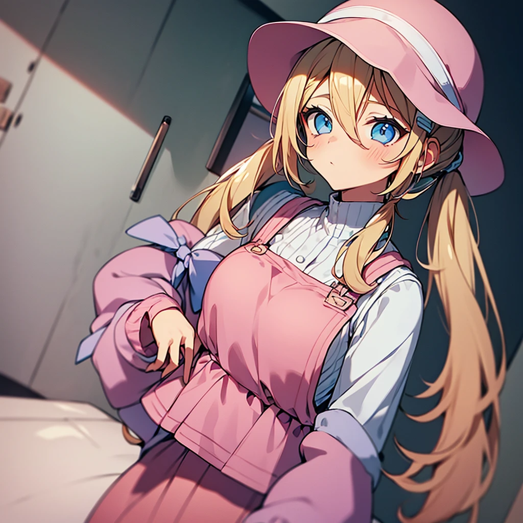 an adult woman, blue eyes, Blonde, hair in two pigtails, pink vests, pink dress with white overalls, a pink hat on her head, in a calm and sweet environment, photography as for social media profile