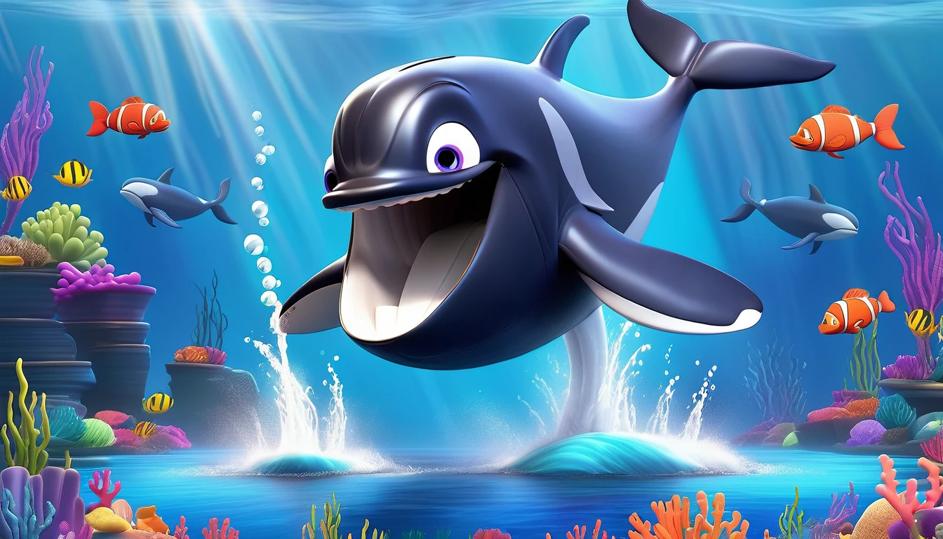Create a 3-D Pixar style art scene for kids featuring a close-up of a whale's blowhole with water spouting out. The scene should be colorful and vibrant, with an ocean background, coral reefs, and schools of fish. The overall mood should be engaging and inviting for young children