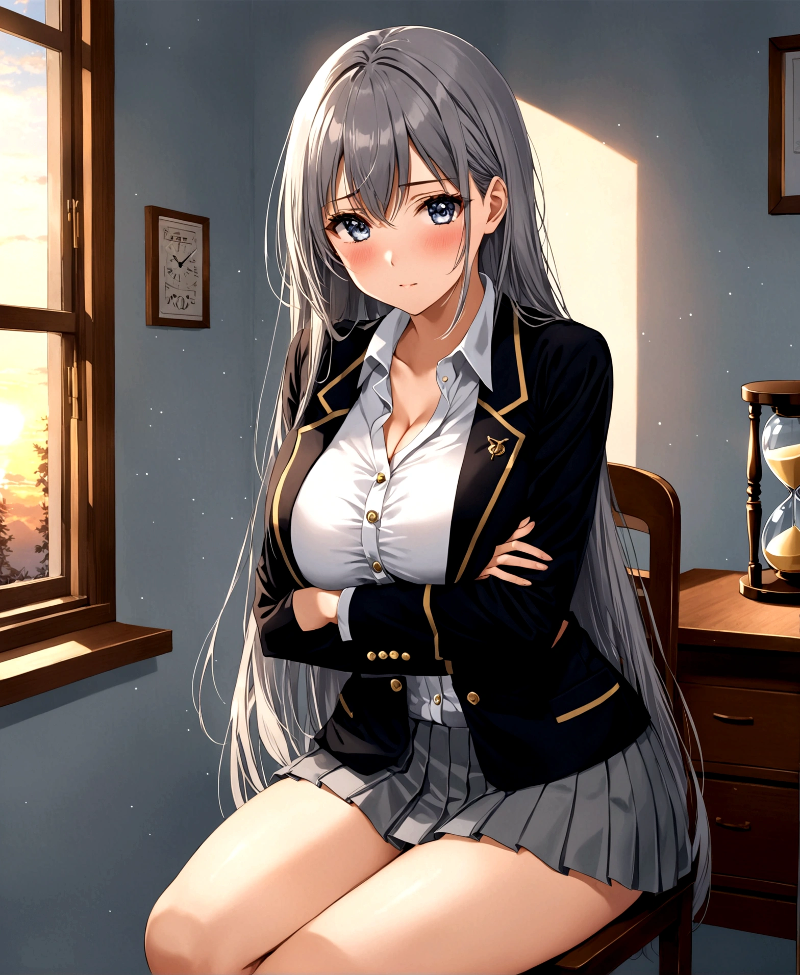 In a private school for women, a beautiful student, in the dormitory, in her room, sitting on a chair, window behind her, winter, dusk, nostalgic, tears on her cheeks, bending her right knee, wrapping her arms around her, /(extremely long straight hair, almond-shaped eyes, hourglass-shaped athletic body, large breasts, medium hip, medium waist, shapely legs, perfect fingers, Greek nose, perfect hands, triangular face,), /(uniform: white V-neck blouse long sleeves, gray pleated mini skirt, black satin blazer with gold buttons, black thigh-high stockings held up by garters,),