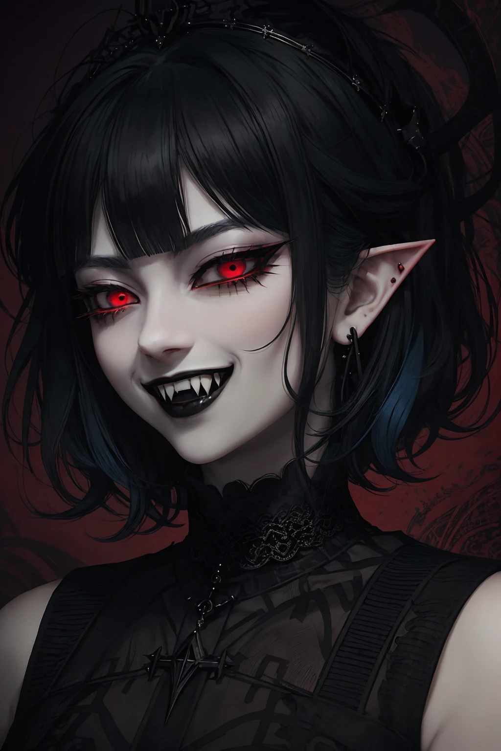 close up portrait of a vampire girl , blue hair,short hair, Yelan Genshin Impact, intricate dress, ((gothic)) aristogracy, red background,while smiling,big crown,red eyes,evil look,evil gaze.black earings,black rings,evil laugh,smile,YAMATO,fangs, Goth girl