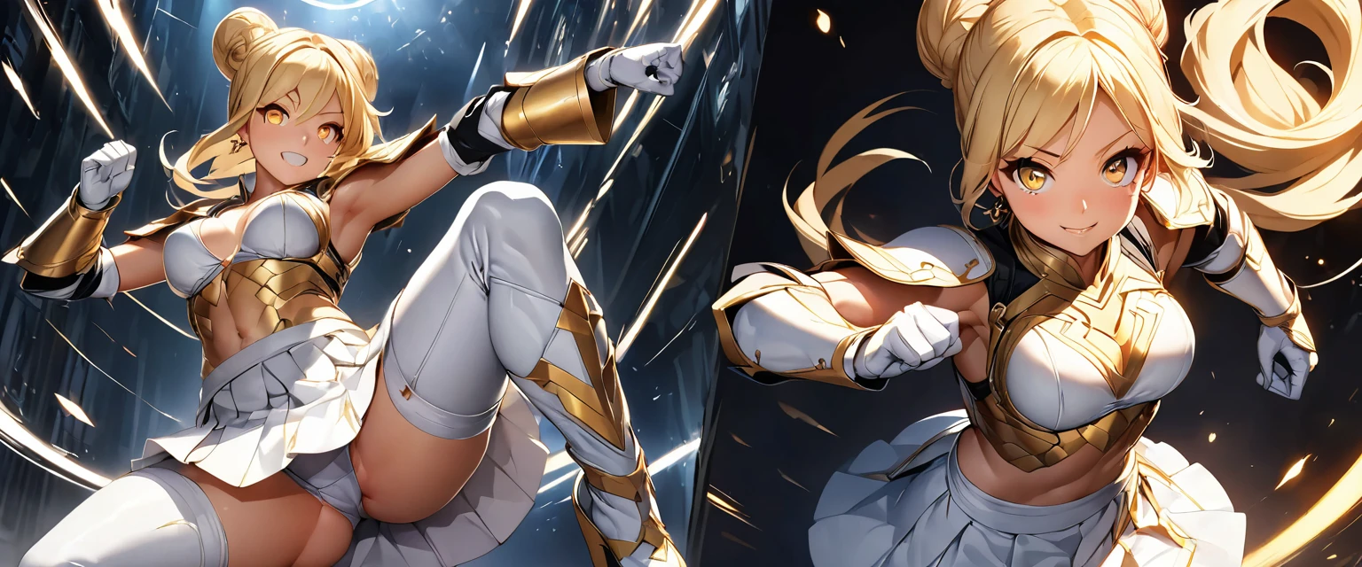 (Perfect Anatomy)、Mastepiece、Ultra High Quality、 8K、masterpiece、Highest quality、Ultra-high resolution、Maximum resolution、Very detailed、Professional Lighting、anime、woman、thin、so beautiful、Highly detailed eye、Highly detailed face、Golden earrings、Blonde, hair bun, Yellow Eyes、Mid-chest,Valkyrie armor, white open mini skirt , full body, gold pattern, white super long boots, white long gloves, female martial artist, high heels, white clawed gauntlets, white cute headgear, fighting stance, gold knee armor, glowing eyes, madeon, ((Spinning kick)), happy, spread arms