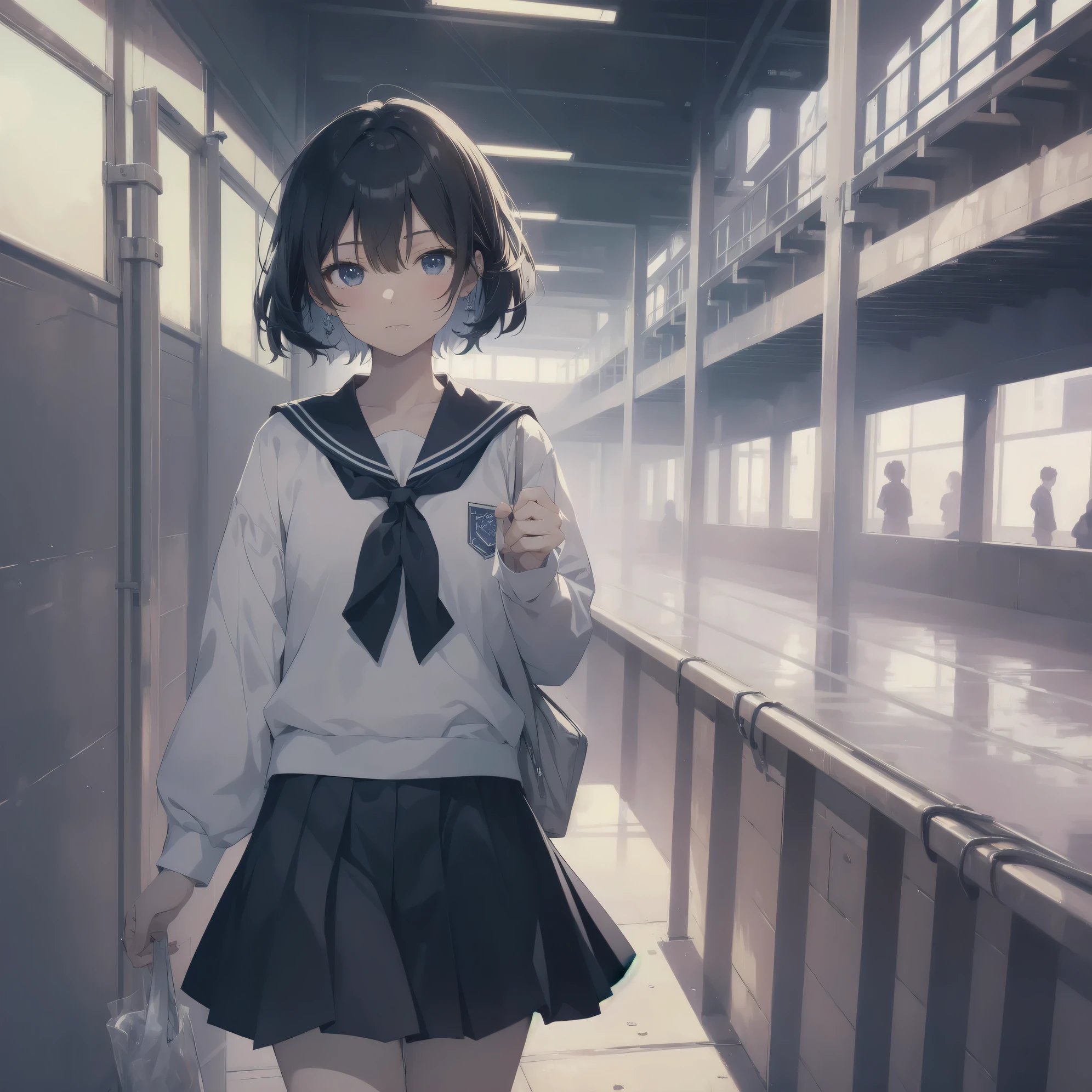 ultra-absurdres-Top quality by artist God, ultra-detailed, high resolution, anime moe artstyle, best anime 8k konachan wallpaper, pixiv contest winner, pool:2810, perfect anatomy,break, 1girl, (Please draw a girl walking sleepily to school alone. )break,(Solo,little female, 13-year-old:1.3),Full limbs, complete fingers,a junior high school student, (very short hair), short cut, flat chest, , small butt, small black eyes, beautiful detailed eyes, well-proportioned iris and pupils, expressive eyes, highres detailed hair, soft expression, salor school_uniform, sailor collar, serahuku, bow, pleated skirt,(Detailed Lighting), (Detailed background), in the School commute route. break,super detailed skin, Best cinematic lighting powered by famous artist, 8k,beauty illustration,photoshop_(medium),very aesthetic,break,((artist:mochi_au_lait )), artist:clamp ,artist:carnelian ,artist:kantoku ,