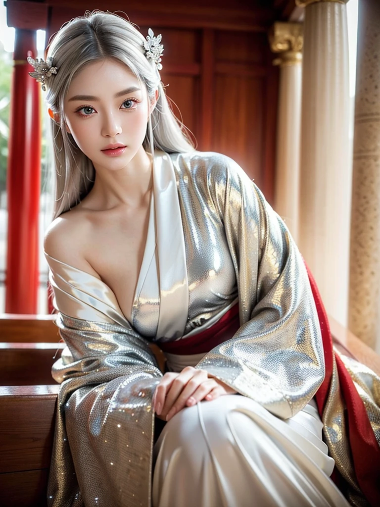 beautiful detailed eyes, beautiful detailed lips, extremely detailed eyes and face, long eyelashes, 1girl, silver hair, pale skin, flawless skin, red and white kimono, ornaments, Ancient temple, dramatic lighting, ethereal, elegant, Serene, vibrant colors, glowing skin, delicate features, intricate details, (best quality,8K,highres,masterpiece:1.2),ultra-detailed,(realistic,photorealistic,photo-realistic:1.37)、Korean national costume、Golden ornaments、ancient ruins、ancient creature