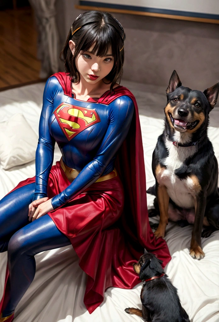 araffe woman in a superman costume sitting on a bed with a dog, full-cosplay, professional cosplay, supergirl, artgerm moody photography, super model, aly fell and artgerm, superman, with cape, wearing hero costume, alena aenami and artgerm, cosplay photo, captured on canon eos r 6 