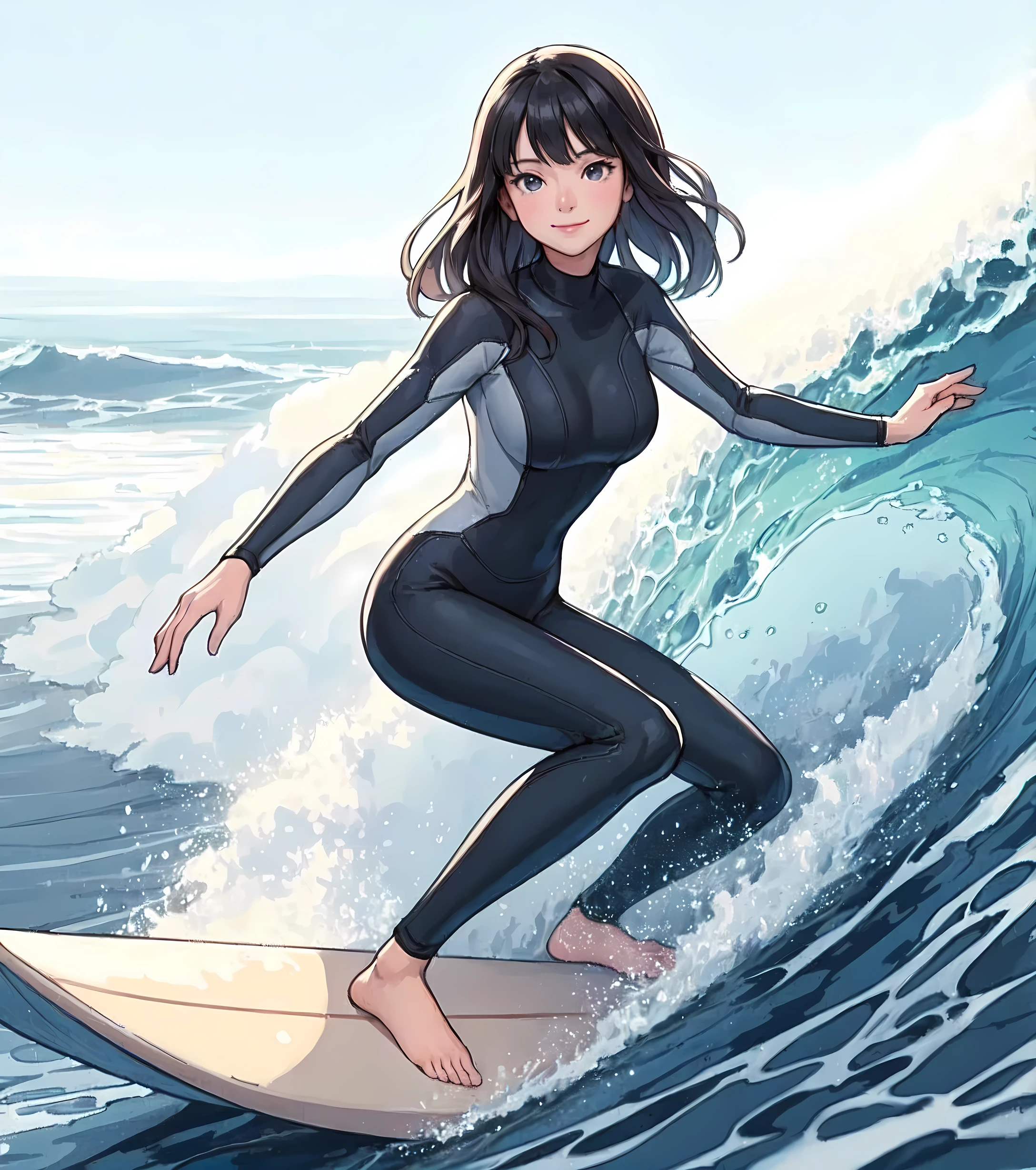1lady solo, standing on surfboard, (squatting:0.8) balancing, (dynamic posing), (stylish wetsuit) surfer, (mature female:0.8), /(black hair/) bangs, light smile, (masterpiece best quality:1.2) delicate illustration ultra-detailed, large breasts BREAK (sea surface) outdoors, (big waves:1.1), splash, blue sky, detailed background