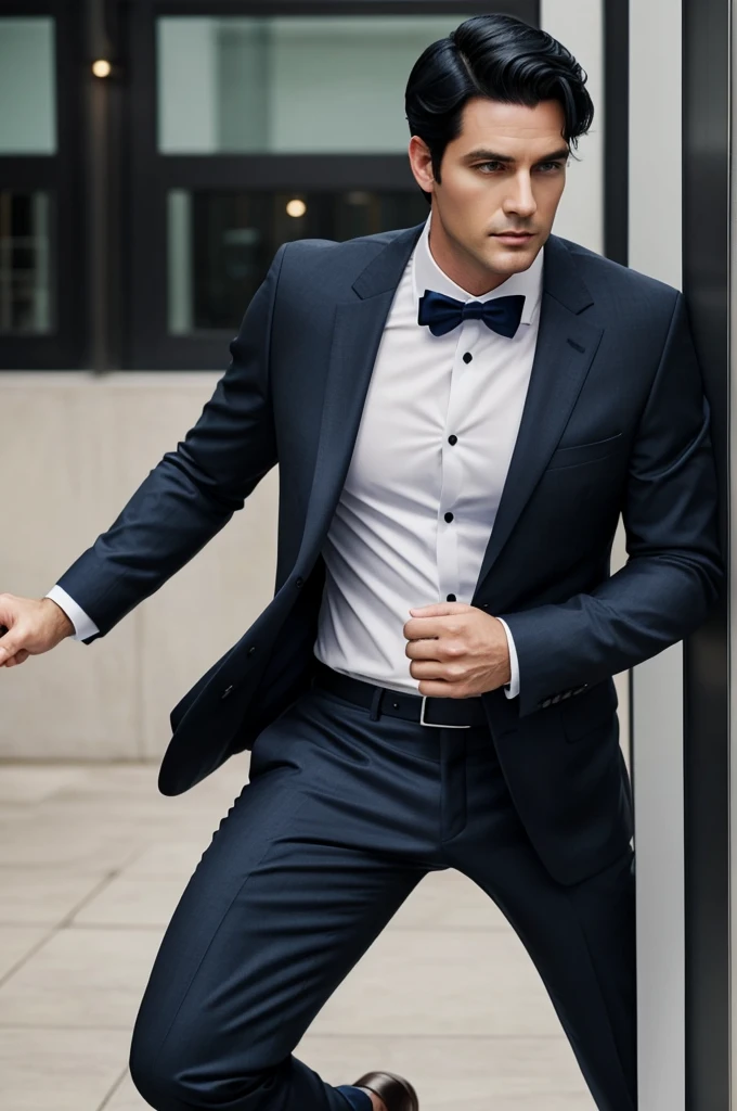 Handsome man with black hair, blue eyes, daddy style, wearing a suit.