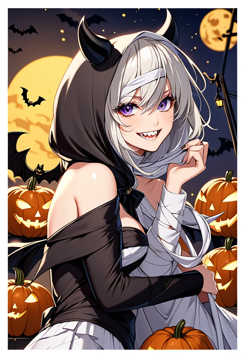 high quality,Two Women,Blonde beauty dressed as a mummy,One eye is covered with a bandage,AND A beautiful silver-haired devil wearing a hood,Double teeth, Bat Wing, AND Cute, night, Jack O&#39;Lantern