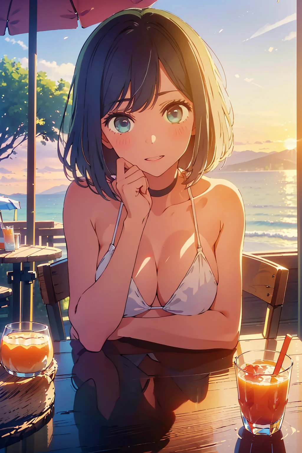 (Highest quality:1.4、masterpiece:1.uper detailed:1.4、8K:1.4)、 body、((((1 person、Surprised expression、sit、Outdoor café terrace、coastal、juice、table、Sandy Beach、bikini、juiceのグラスを持つ、Big eyes、Shallow depth of field、Very cute face))))、(((sunset、Sunset)))、(((bikiniサイズは小さい)))、F cup bust、Big Bre close and take a photo