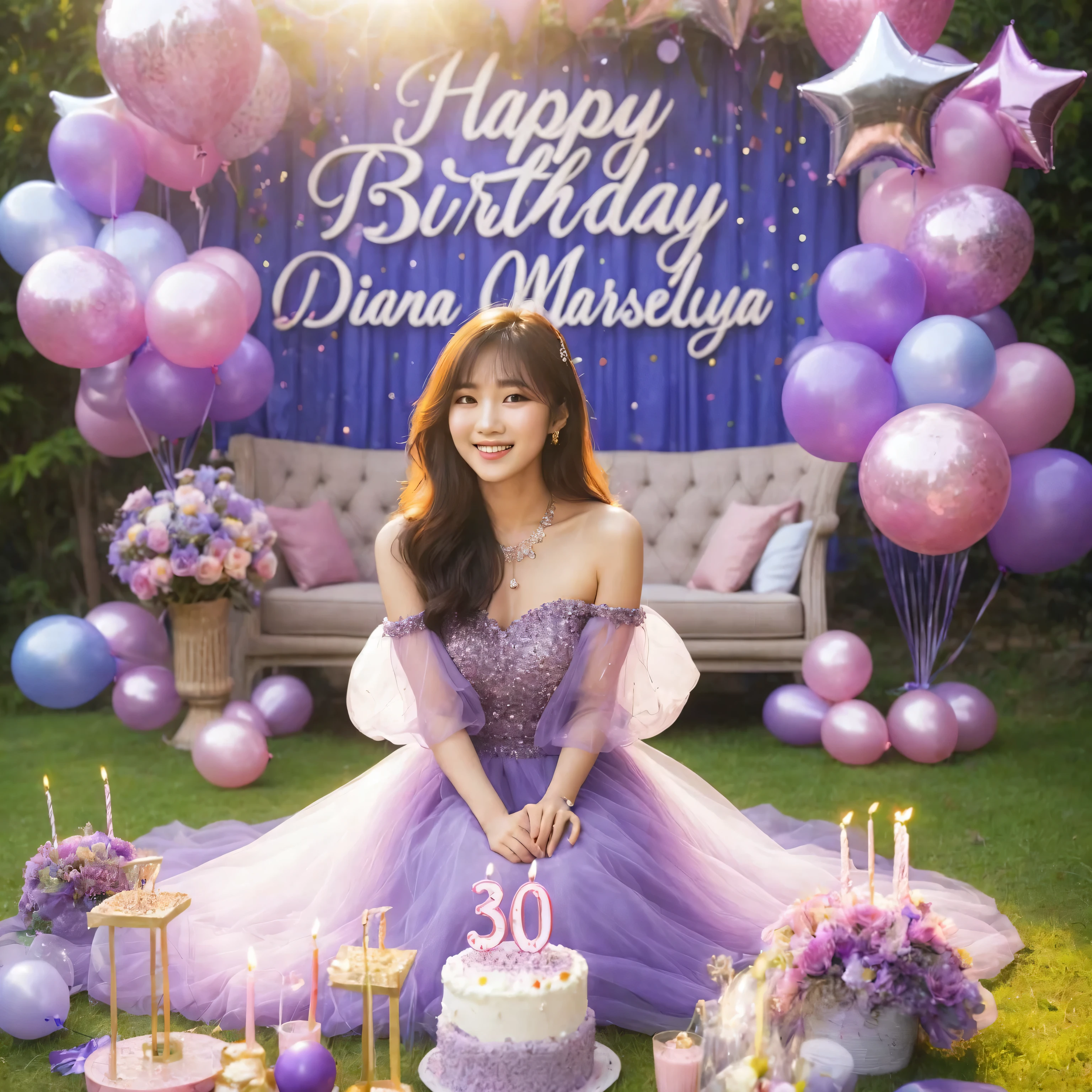 professional photography of the birthday celebration of a 30 year old Asian woman wearing a beautiful party dress, sitting on the grass filled with balloons and birthday decorations with the number 30 and the words "Happy Birthday Diana Marsellya", there is a birthday cake that says "Happy Birthday 30th ", he is happy and smiling, outdoor background with birthday decoration backdrop, long distance shot with 800mm lens, high quality photo