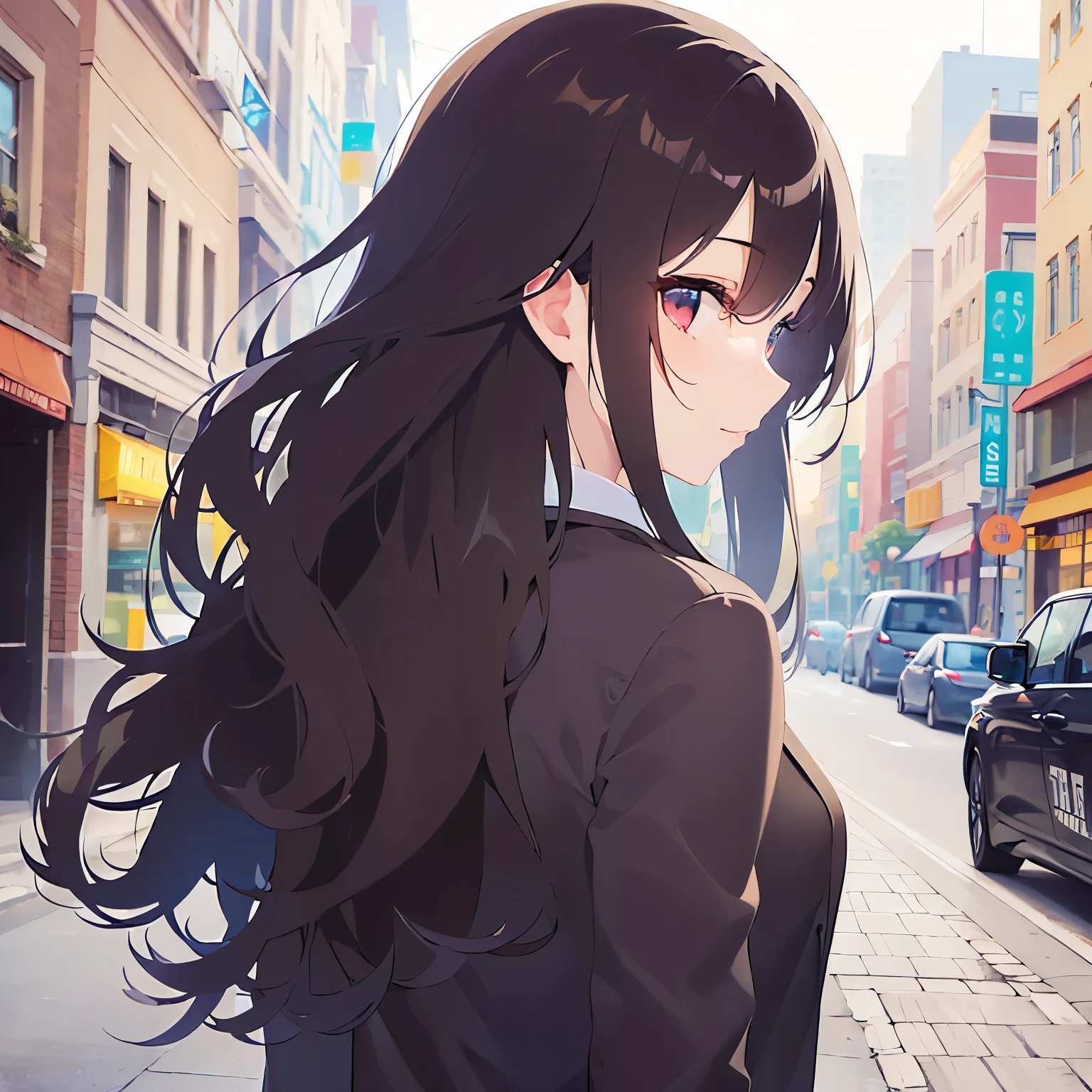 (back view:1.5)、Upper Body, Realistic, real person, (pale skin: 1.2), RAW photo, photorealistic, shiny skin, shiny hair、(35 year old woman with medium length hair) and (wavy hair) and (brown hair) ,(Wearing a black suit jacket)
