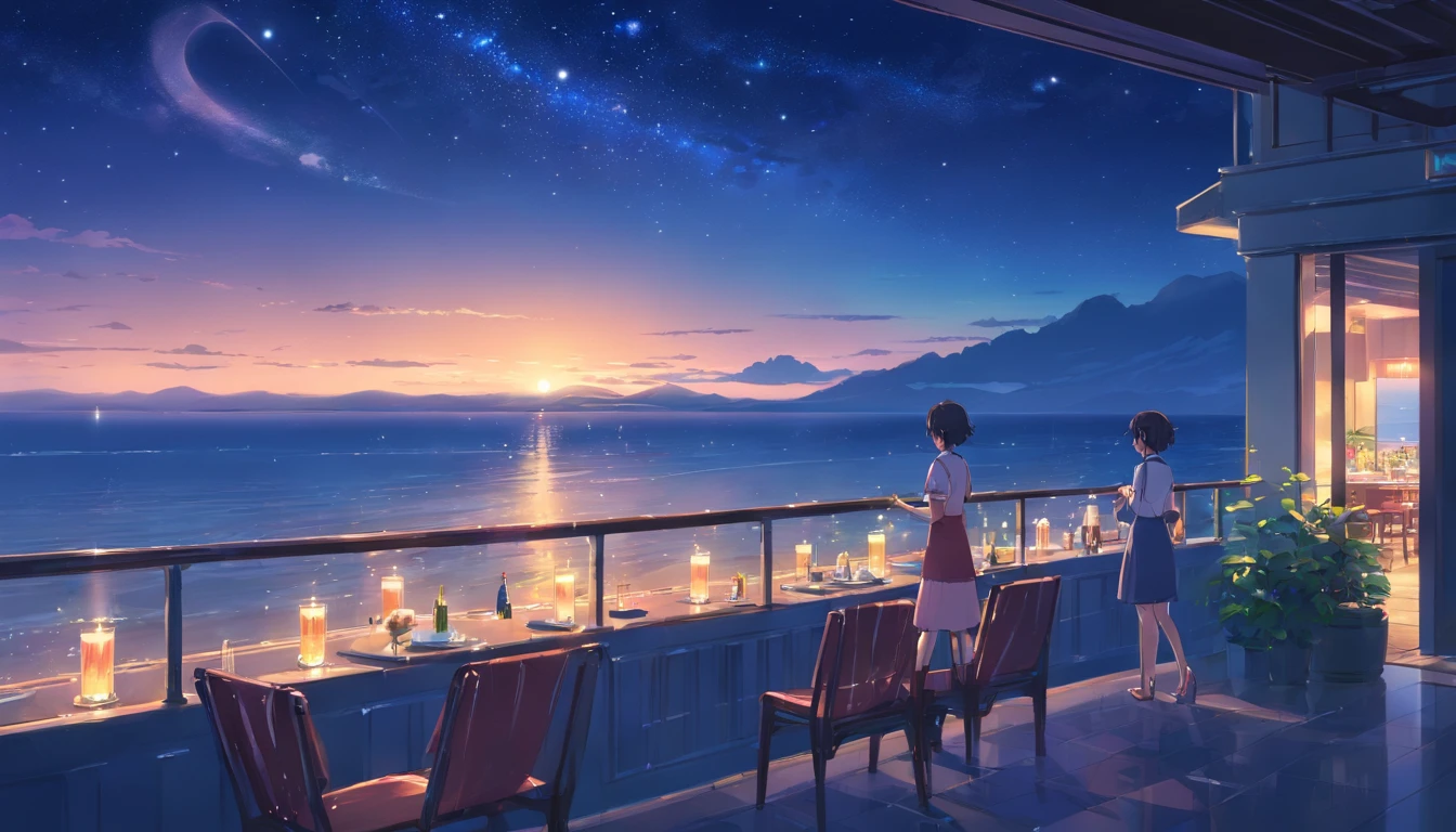 View from the wide arched balcony of a luxury hotel、Starry sky and night sea floating on a moonlit night Dim atmosphere
俺は、Drink a glass of wine in one gulp。
