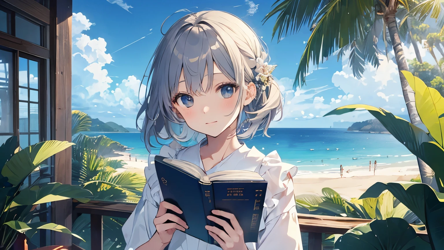 (Cute older sister:1.3)、((Very detailed)) sky、((1 person)),I have a book,Ocean,Tropical atmosphere,Summer sky