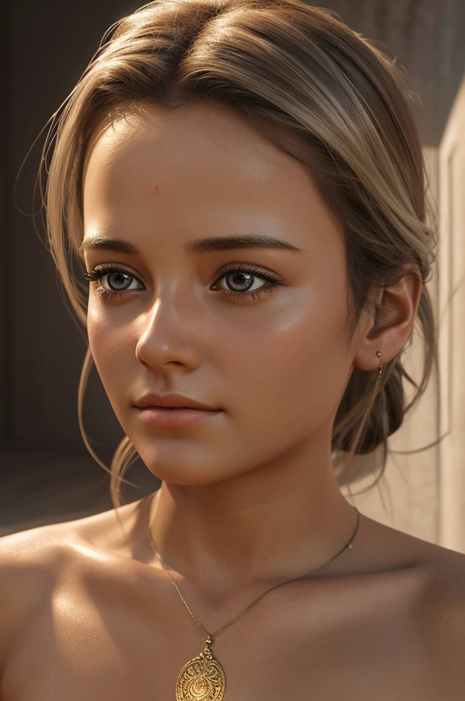 3D realistic art of a girl with godess energy, in meditative state, centre of the forehead is shining with white light, she is enlightened