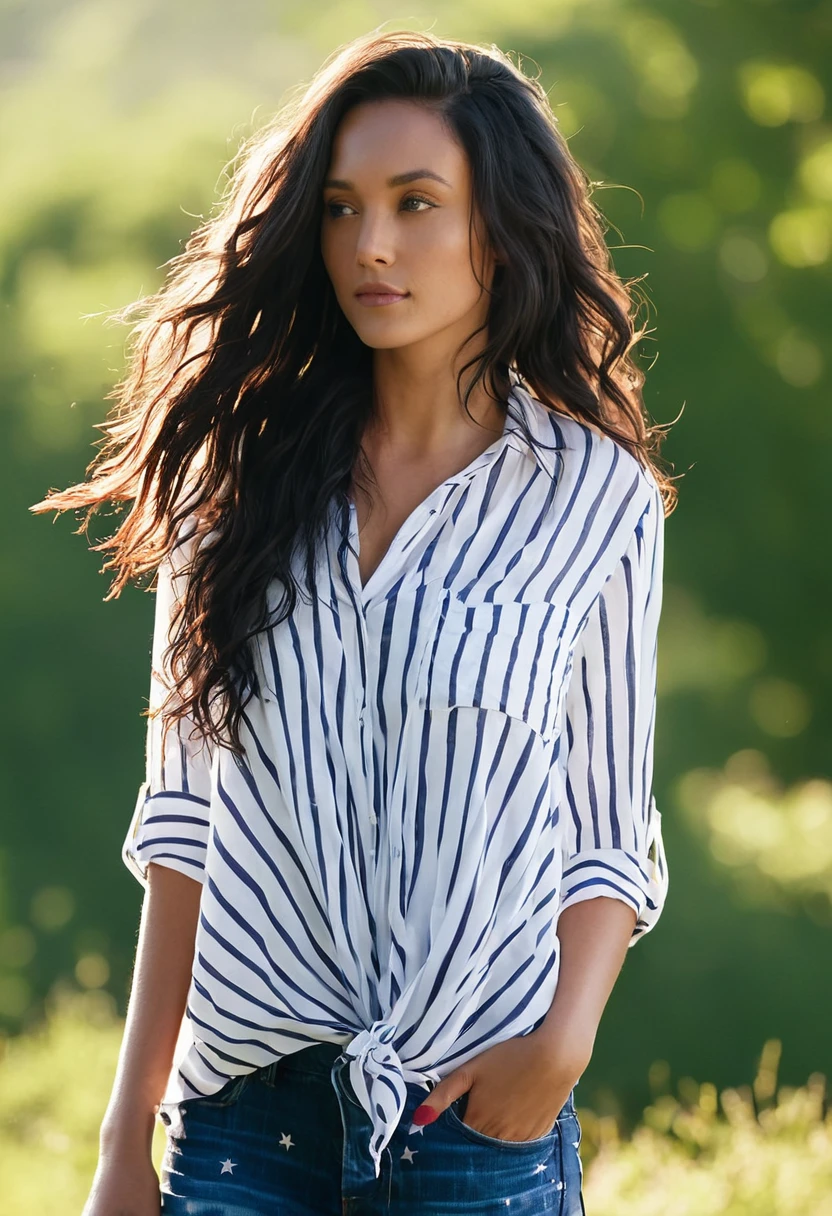 American flag print shirt clad woman with dark flowing locks glancing away from the camera, gaze directed towards a distant unseen horizon, soft summer sunlight casting gentle shadows on her features, vibrant stars and stripes, loose hair, mid-shot, outdoor, natural light, candid shot