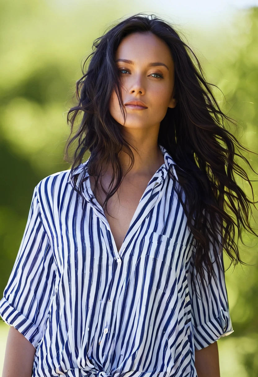 American flag print shirt clad woman with dark flowing locks glancing away from the camera, gaze directed towards a distant unseen horizon, soft summer sunlight casting gentle shadows on her features, vibrant stars and stripes, loose hair, mid-shot, outdoor, natural light, candid shot