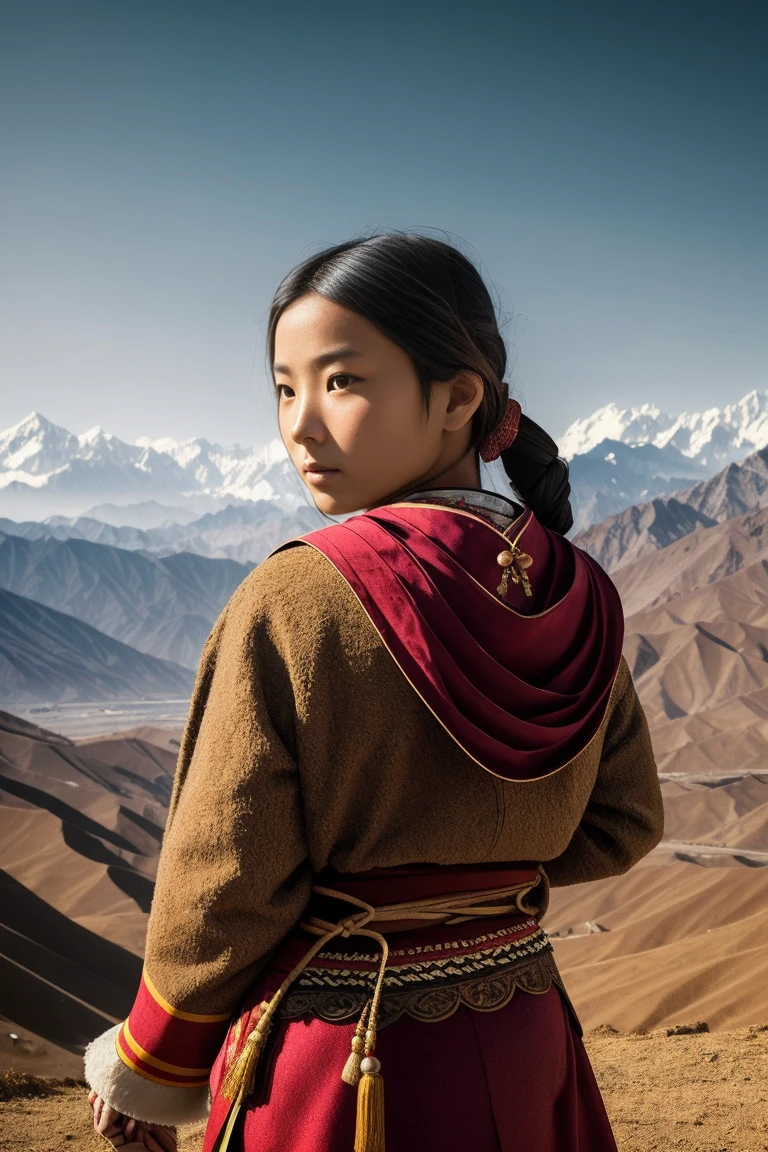 surrealism, Verism, Chiaroscuro, Depth of field, Cinematic lighting, movie picture quality，strong contrast of light and shadow，back lit lighting, filmgrain, hyper HD, Masterpiece, ccurate, Textured skin, Super detail, High details, High quality, Best quality, A high resolution, 8K,The scene is the scenery of the Qinghai-Tibet Plateau，There are snowy mountains，prayer flags，wooden cabin，「A beautiful 28-year-old Tibetan girl」，The costumes are Tibetan art costumes，Photographic style