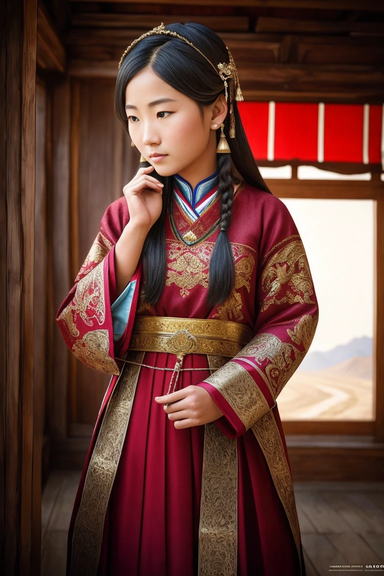 surrealism, Verism, Chiaroscuro, Depth of field, Cinematic lighting, movie picture quality，strong contrast of light and shadow，back lit lighting, filmgrain, hyper HD, Masterpiece, ccurate, Textured skin, Super detail, High details, High quality, Best quality, A high resolution, 8K,The scene is the scenery of the Qinghai-Tibet Plateau，There are snowy mountains，prayer flags，wooden cabin，「A beautiful 28-year-old Tibetan girl」，The costumes are Tibetan art costumes，Photographic style