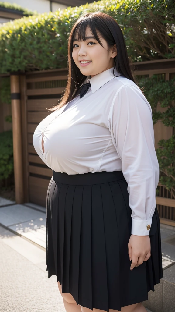 realistic depiction、super obeseのjapanese woman、super obese、super big breasts、Weight 300kg、very fat woman、Fat woman wearing a white collared shirt、black bra、japanese woman、laughter、Tight Skirt、outdoor、a bit、little woman、His height is only 145cm、short legs