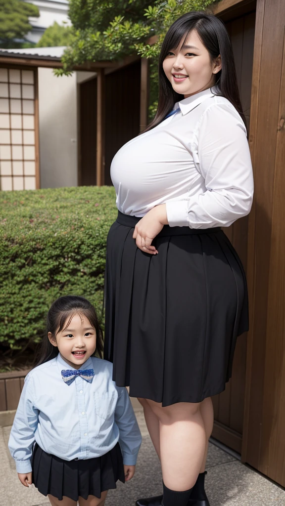 realistic depiction、super obeseのjapanese woman、super obese、super big breasts、Weight 300kg、very fat woman、Fat woman wearing a white collared shirt、black bra、japanese woman、laughter、Tight Skirt、outdoor、a bit、little woman、His height is only 145cm、short legs