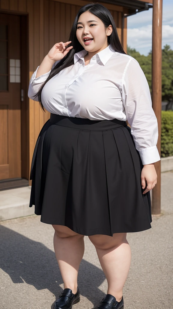 realistic depiction、super obeseのjapanese woman、super obese、super big breasts、Weight 300kg、very fat woman、Fat woman wearing a white collared shirt、black bra、japanese woman、laughter、Tight Skirt、outdoor、a bit、little woman、His height is only 145cm、short legs