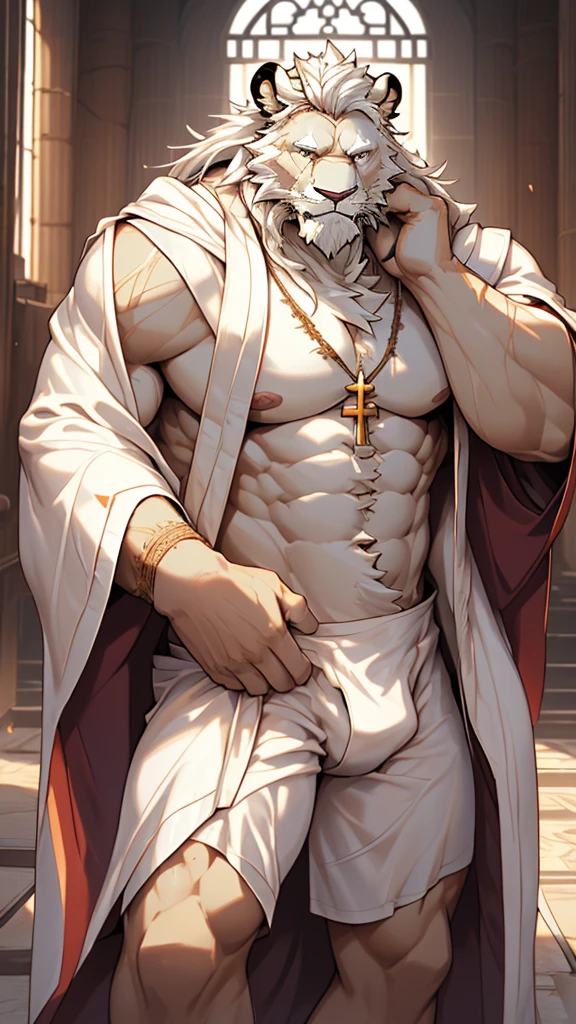 (masterpiece),(highres),(intricate details:1.4),extremely detailed,(illustration:1.2),8k,photorealistic,exquisite,,aged,elder male lion ,muscular,(bishop :1.7),(Ancient Greek mythological style;1.8),(loose white robe:1.6),manhood,safeguard,(white hair:1.3),long hair,long white beard,scar,(badly damaged),(sacrifice),hurt,broken body ,(bulging crotch:1.8),(homosexual),(naked upper body:1.7),(sacred:1.5),(small ears:1.3)