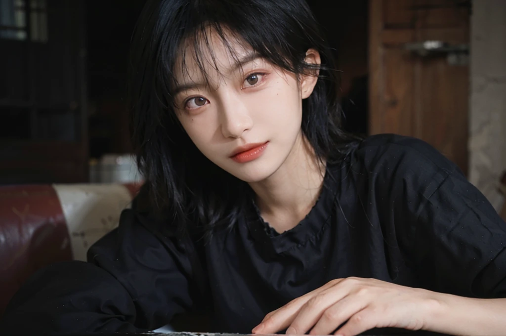(Skin details:1.4), (smooth skin textures:1.3), (Upper body:1.4),(Upper Body:1.3),(Black clothes:1.4),Lipstick, background, earrings, serene, calm, (Realistic and detailed eyes:1.2), Natural skin texture, Realistic facial details, Soft dramatic lighting, Vivid details, 35 mm film, outdoor, (Photo Practical:1.4), (hyper Practical:1.4), (Practical:1.3), (Smoother lighting:1.05), (Improve lighting quality:0.9), (Highest quality real skin textures:1.4), Exquisite eyes, Delicate face, Close-up of face, (Enhance the beauty of skin texture:1.1),0Normal body proportions, short hair, Moles under the eyes, A faint smile,Portrait Photography, Depth of Field, Bokeh, Surrealism, Ray Tracing, (Portrait Photography:1.1), Surrealism, High Detail, Chiaroscuro, Ray Tracing, reflected light, Ultra HD, Ultra HD, masterpiece, Textured Skin, Super Detail, High Detail, high quality, best quality