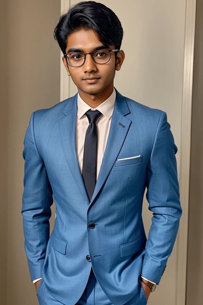 Prompt:
21 year old indian boy With fair skin Wearing spectacles and narrow body Posing for a linkedin picture in formals