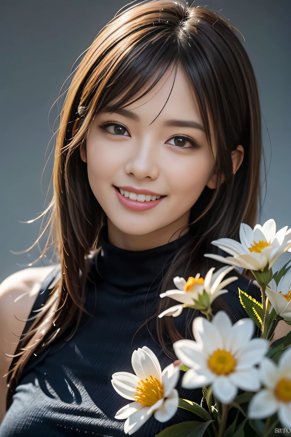 Highest quality、masterpiece、Ultra-high resolution、Actual、1 Girl、Shiny skin、((Surreal details))、Global Photo、8K、Very intricate detail、Shining Eyes、High Key、Pure  face ace_v1、Laughter、Elegant pose、White ultra-thin transparent lace、There are many flowers in the background