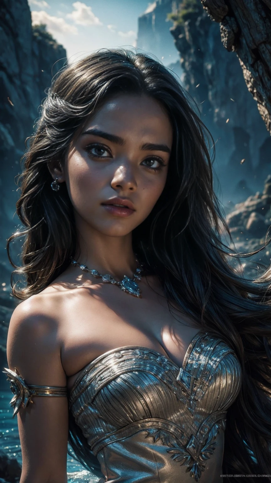 surreal seductive moana, 1girl, beautiful detailed eyes, beautiful detailed lips, extremely detailed face and portrait, long luscious hair, silver sequined dress, dramatic lighting, cinematic lighting, fantasy, hyperrealistic, 8k, high quality, intricate details, vivid colors, photorealistic, digital art, concept art, art by artgerm and greg rutkowski
