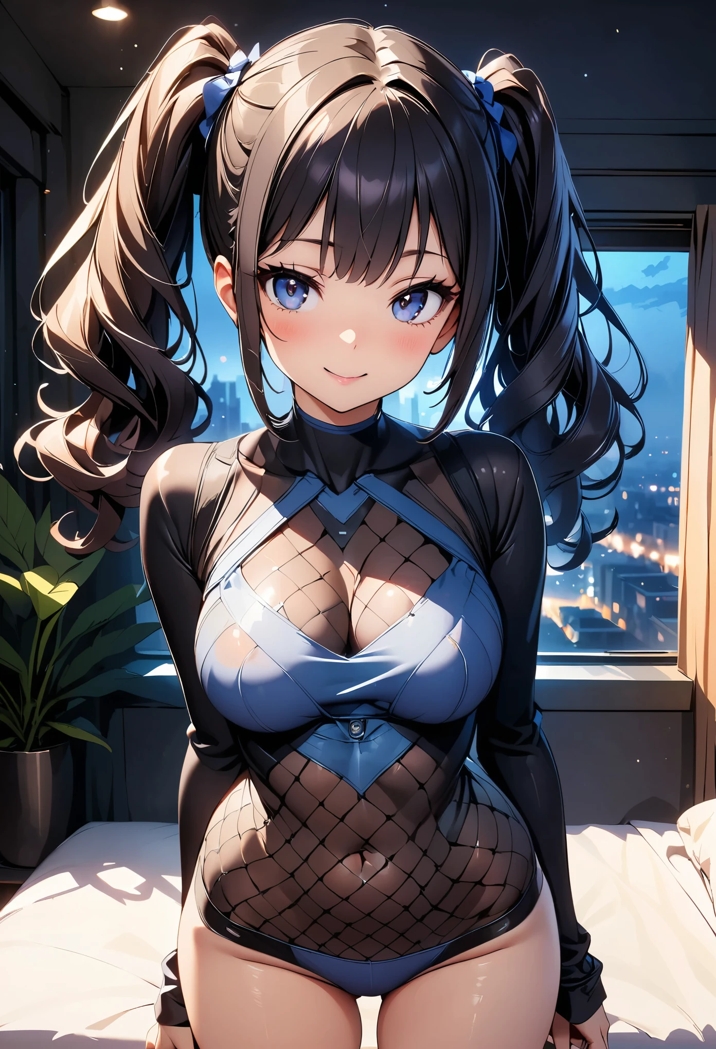 (Highest quality:1.24, Very detailed, Delicate and beautiful CG art, Detailed illustrations, High detail, masterpiece:1.2, Highest quality, Best aesthetics), (((1 Girl))), JK, ((Body net:1.2, Gloss)), blush, smile:1.2, (Black Hair, Twin tails in a high position, Cowboy Shot:1.1, Standing pose, Random Posing, Friendly atmosphere, Glossのある髪, Beautiful Skin, Detailed face and eyes, Glossのある唇, Curvy Women, Slender body, Beautiful breasts:1.4, Bedroom:1.2, night, Light and shadow with attention to detail, Background Blur.
