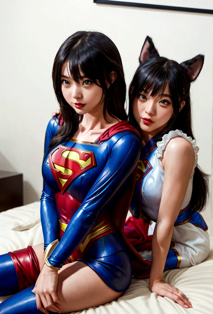 araffe woman in a superman costume sitting on a bed with a dog, full-cosplay, professional cosplay, supergirl, artgerm moody photography, super model, aly fell and artgerm, superman, with cape, wearing hero costume, alena aenami and artgerm, cosplay photo, captured on canon eos r 6 