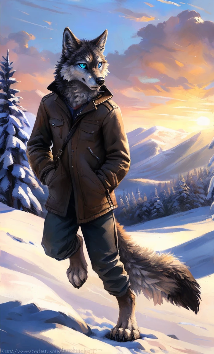 ((Solo)), male people, anthro wolf, (Multi-colored fur, White-brown:1.3，White tail pointed), (Height 2.1m,Tail length 1.2m), ((Wolf face, Big eyes, White eyelids, Blue pupil, Slim:1.2) (Tough, Calm expression:1.2)), Slim, pinging)), (Correct anatomy), (Winter clothing:1.1), The upper body  naked, (detailed outfits),A long big tail，Feet，(Realistic fur, Detailed fur texture, labeled:1.3)), (Natural lighting), Photorealistic, Hyperrealistic, ultradetailed, by Kenket，Snowfield，erect through，Running on