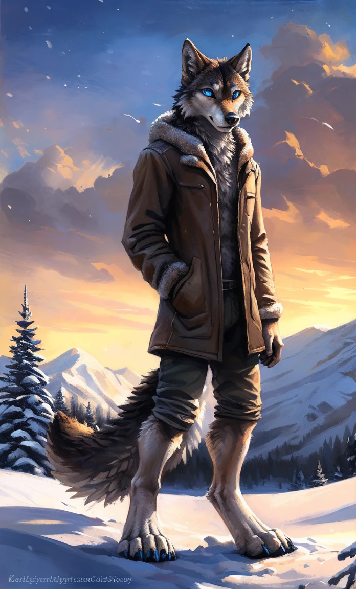 ((Solo)), male people, anthro wolf, (Multi-colored fur, White-brown:1.3,White tail pointed), (Height 2.1m,Tail length 1.2m), ((Wolf face, Big eyes, White eyelids, Blue pupil, Slim:1.2) (Tough, Calm expression:1.2)), Slim, pinging)), (Correct anatomy), (Winter clothing:1.1), The upper body naked, (detailed outfits),A long big tail,Feet,(Realistic fur, Detailed fur texture, labeled:1.3)), (Natural lighting), Photorealistic, Hyperrealistic, ultradetailed, by Kenket,Snowfield,erect through,Running on