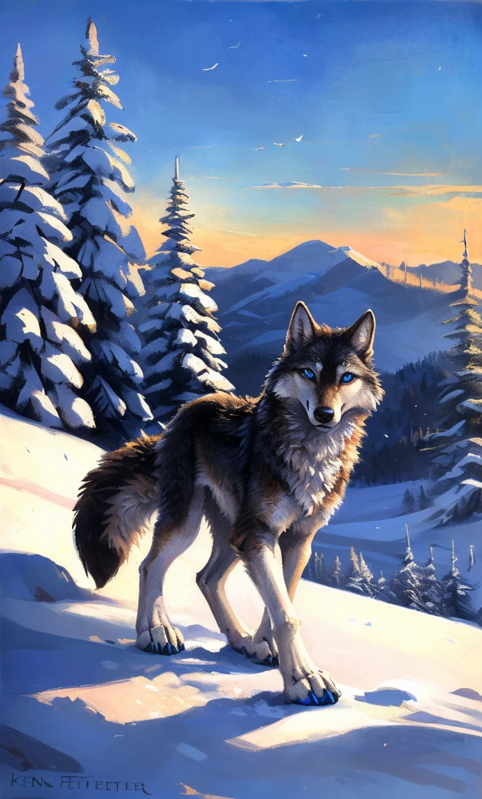 ((Solo)), male people, anthro wolf, (Multi-colored fur, White-brown:1.3，White tail pointed), (Height 2.1m,Tail length 1.2m), ((Wolf face, Big eyes, White eyelids, Blue pupil, Slim:1.2) (Tough, Calm expression:1.2)), Slim, pinging)), (Correct anatomy), (Winter clothing:1.1), The upper body  naked, (detailed outfits),A long big tail，Feet，(Realistic fur, Detailed fur texture, labeled:1.3)), (Natural lighting), Photorealistic, Hyperrealistic, ultradetailed, by Kenket，Snowfield，erect through，Running on