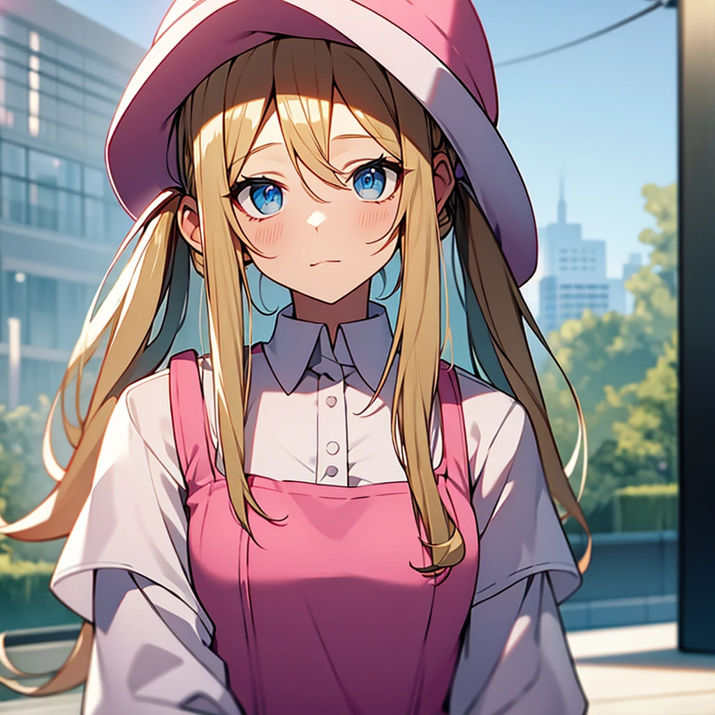 an adult woman, blue eyes, Blonde, hair in two pigtails, pink vests, pink dress with white overalls, a pink hat on her head, in a calm and sweet environment, photography as for social media profile