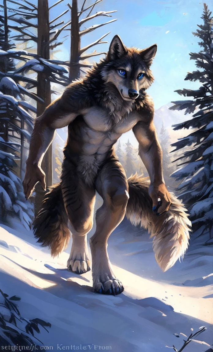 ((Solo)), male people, anthro wolf, (Multi-colored fur, White-brown:1.3,White tail pointed), (Height 2.1m,Tail length 1.5m), ((Wolf face, Big eyes, White eyelids, Blue pupil, Slim:1.2) (Tough, Calm expression:1.2)), Abs, Slim, pinging)), (Correct anatomy), Naked all over the body,A long big tail,Feet,(Realistic fur, Detailed fur texture, labeled:1.3)), (Natural lighting), Photorealistic, Hyperrealistic, ultradetailed, by Kenket,Snowfield,No artifacts, Running on