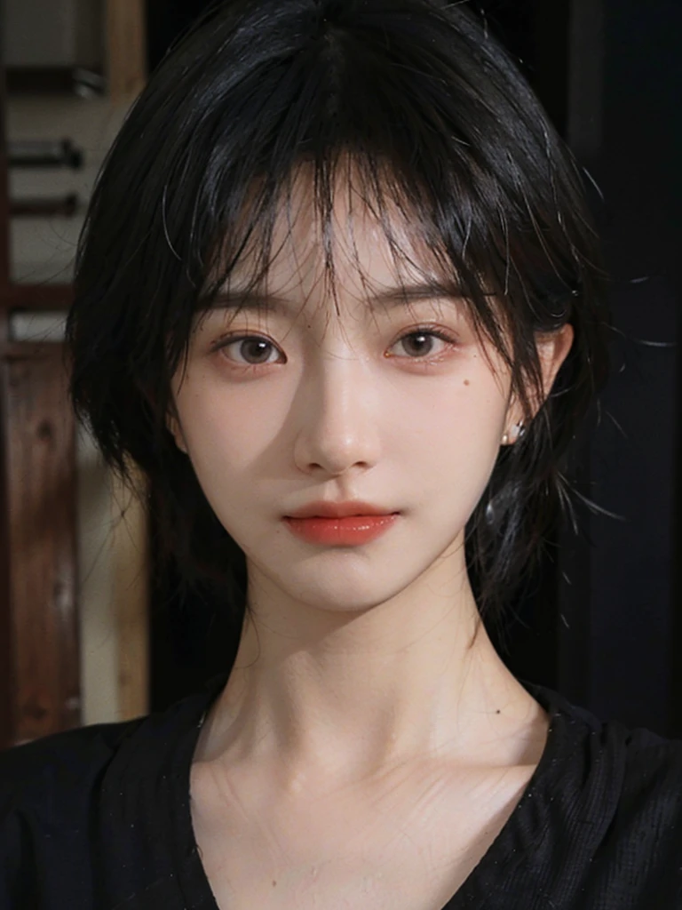 (Skin details:1.4), (smooth skin textures:1.3), (Upper Body:1.4),(Upper Body:1.3),(Black clothes:1.4),Lipstick, background, earrings, serene, calm, (Realistic and detailed eyes:1.2), Natural skin texture, Realistic facial details, Soft dramatic lighting, Vivid details, 35 mm film, outdoor, (Photo Practical:1.4), (hyper Practical:1.4), (Practical:1.3), (Smoother lighting:1.05), (Improve lighting quality:0.9), (Highest quality real skin textures:1.4), Exquisite eyes, Delicate face, Close-up of face, (Enhance the beauty of skin texture:1.1),0Normal body proportions, short hair, Moles under the eyes, A faint smile,Portrait Photography, Depth of Field, Bokeh, Surrealism, Ray Tracing, (Portrait Photography:1.1), Surrealism, High Detail, Chiaroscuro, Ray Tracing, reflected light, Ultra HD, Ultra HD, masterpiece, Textured Skin, Super Detail, High Detail, high quality, best quality