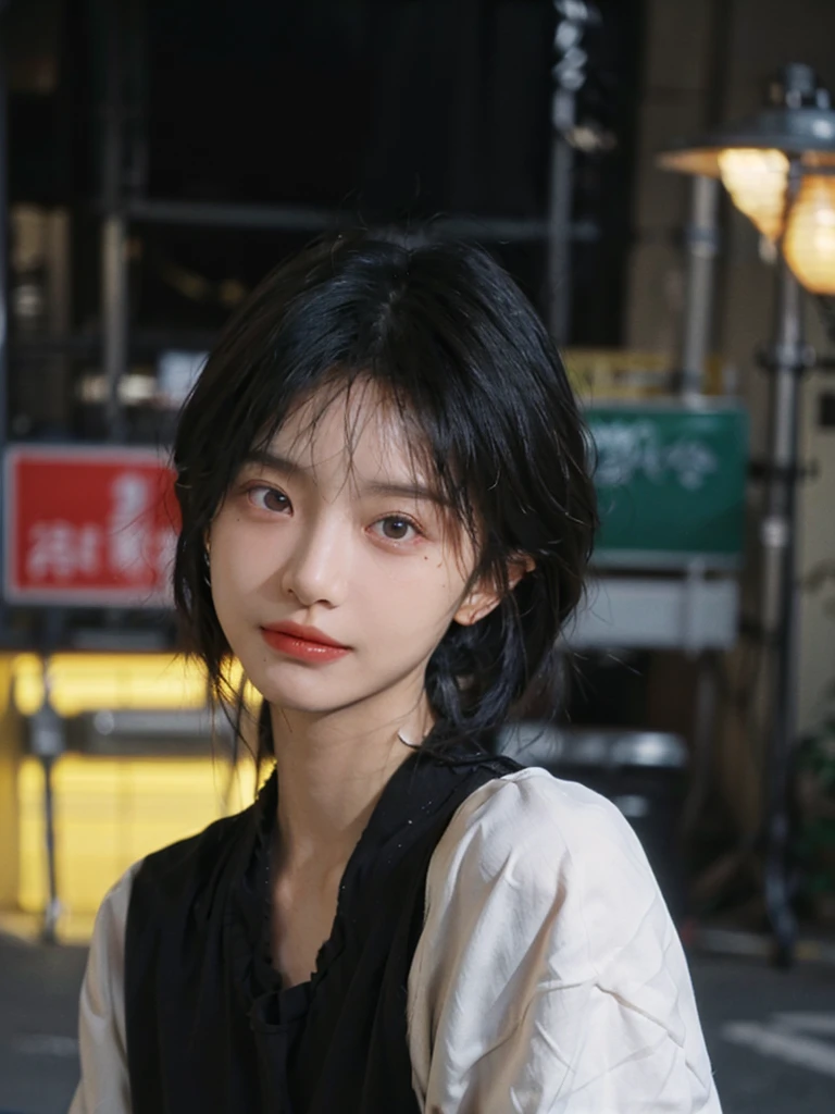 (Skin details:1.4), (smooth skin textures:1.3), (Upper Body:1.4),(Upper Body:1.3),(Black clothes:1.4),Lipstick, background, earrings, serene, calm, (Realistic and detailed eyes:1.2), Natural skin texture, Realistic facial details, Soft dramatic lighting, Vivid details, 35 mm film, outdoor, (Photo Practical:1.4), (hyper Practical:1.4), (Practical:1.3), (Smoother lighting:1.05), (Improve lighting quality:0.9), (Highest quality real skin textures:1.4), Exquisite eyes, Delicate face, Close-up of face, (Enhance the beauty of skin texture:1.1),0Normal body proportions, short hair, Moles under the eyes, A faint smile,Portrait Photography, Depth of Field, Bokeh, Surrealism, Ray Tracing, (Portrait Photography:1.1), Surrealism, High Detail, Chiaroscuro, Ray Tracing, reflected light, Ultra HD, Ultra HD, masterpiece, Textured Skin, Super Detail, High Detail, high quality, best quality