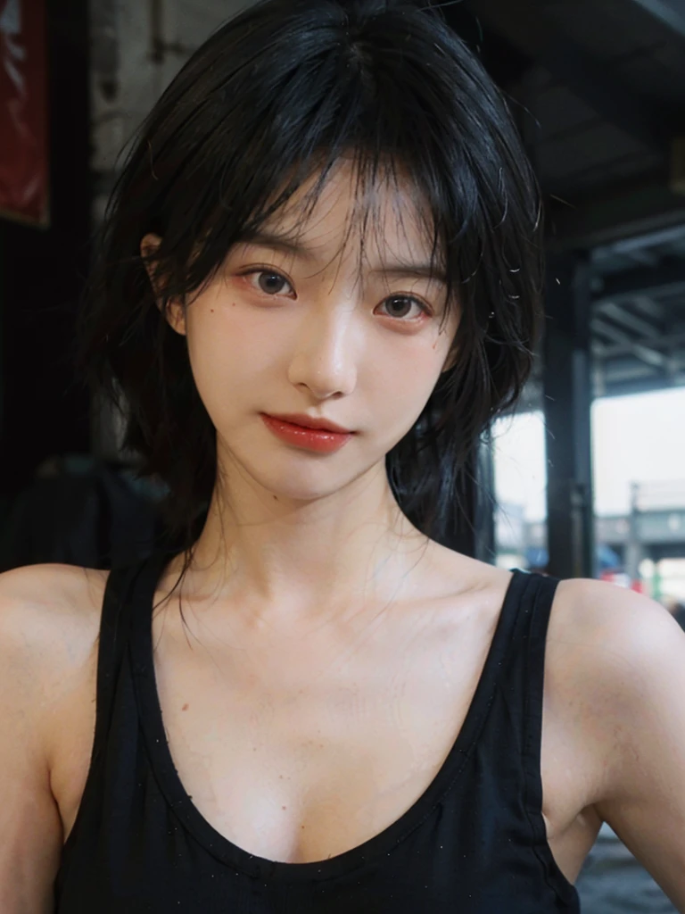 (Skin details:1.4), (smooth skin textures:1.3), (Upper Body:1.4),(Upper Body:1.3),(Black clothes:1.4),Lipstick, background, earrings, serene, calm, (Realistic and detailed eyes:1.2), Natural skin texture, Realistic facial details, Soft dramatic lighting, Vivid details, 35 mm film, outdoor, (Photo Practical:1.4), (hyper Practical:1.4), (Practical:1.3), (Smoother lighting:1.05), (Improve lighting quality:0.9), (Highest quality real skin textures:1.4), Exquisite eyes, Delicate face, Close-up of face, (Enhance the beauty of skin texture:1.1),0Normal body proportions, short hair, Moles under the eyes, A faint smile,Portrait Photography, Depth of Field, Bokeh, Surrealism, Ray Tracing, (Portrait Photography:1.1), Surrealism, High Detail, Chiaroscuro, Ray Tracing, reflected light, Ultra HD, Ultra HD, masterpiece, Textured Skin, Super Detail, High Detail, high quality, best quality