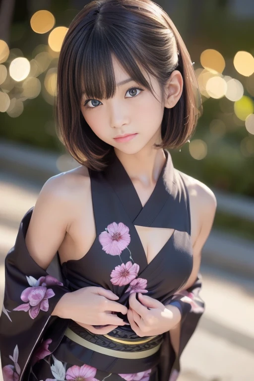 (masterpiece, Highest quality:1.4), Beautiful Face, 8K, 85mm, Absurd, (Jet black floral yukata:1.2), Face close-up, violet, Gardenia, Delicate girl, alone, night, View your viewers, Upper Body, Film Grain, chromatic aberration, Sharp focus, Face Light, Professional Lighting, Sophisticated, (smile:0.4), (Simple Background, Bokeh Background:1.2), detailed aspects,(Show one breast:1.2)((Very young and immature & Very few & Very flat chest:1.2),(Very small and very shiny shaved pussy:1),