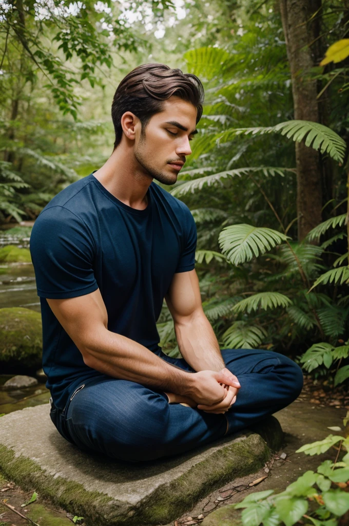 Handsome guy with deep thinking and meditating surrounded by nature