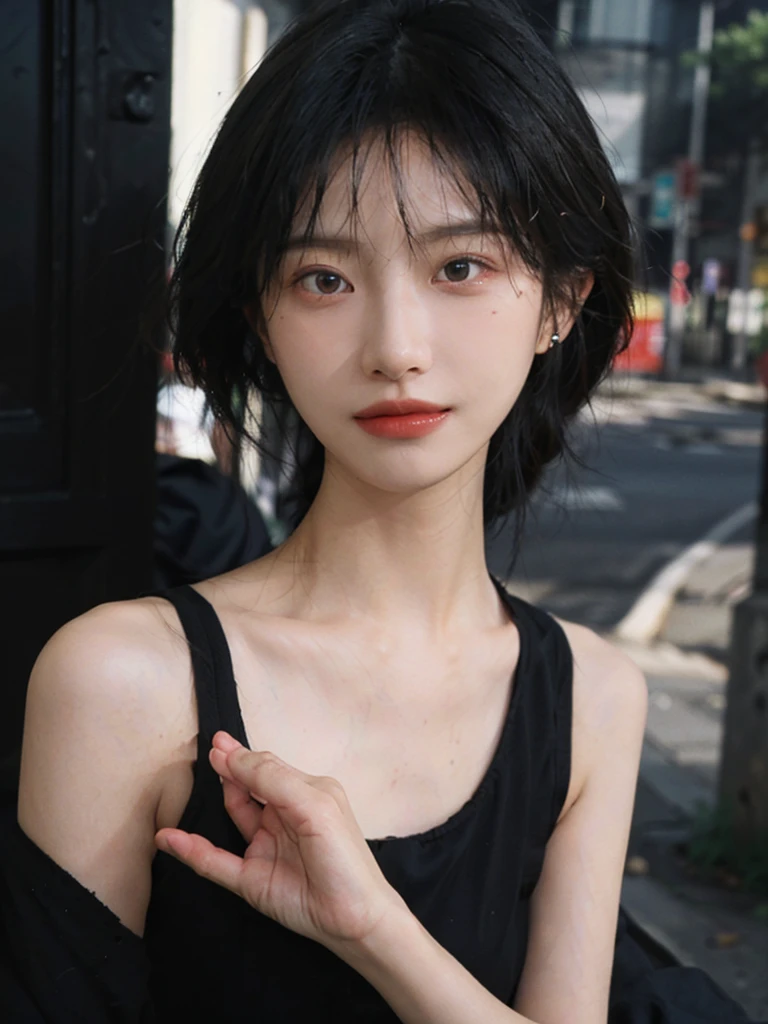 (Skin details:1.4), (smooth skin textures:1.3), (Upper Body:1.4),(Upper Body:1.3),(Black clothes:1.4),Lipstick, background, earrings, serene, calm, (Realistic and detailed eyes:1.2), Natural skin texture, Realistic facial details, Soft dramatic lighting, Vivid details, 35 mm film, outdoor, (Photo Practical:1.4), (hyper Practical:1.4), (Practical:1.3), (Smoother lighting:1.05), (Improve lighting quality:0.9), (Highest quality real skin textures:1.4), Exquisite eyes, Delicate face, Close-up of face, (Enhance the beauty of skin texture:1.1),0Normal body proportions, short hair, Moles under the eyes, A faint smile,Portrait Photography, Depth of Field, Bokeh, Surrealism, Ray Tracing, (Portrait Photography:1.1), Surrealism, High Detail, Chiaroscuro, Ray Tracing, reflected light, Ultra HD, Ultra HD, masterpiece, Textured Skin, Super Detail, High Detail, high quality, best quality