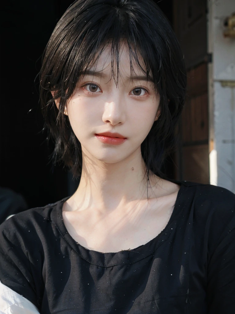 (Skin details:1.4), (smooth skin textures:1.3), (Upper Body:1.4),(Upper Body:1.3),(Black clothes:1.4),Lipstick, background, earrings, serene, calm, (Realistic and detailed eyes:1.2), Natural skin texture, Realistic facial details, Soft dramatic lighting, Vivid details, 35 mm film, outdoor, (Photo Practical:1.4), (hyper Practical:1.4), (Practical:1.3), (Smoother lighting:1.05), (Improve lighting quality:0.9), (Highest quality real skin textures:1.4), Exquisite eyes, Delicate face, Close-up of face, (Enhance the beauty of skin texture:1.1),0Normal body proportions, short hair, Moles under the eyes, A faint smile,Portrait Photography, Depth of Field, Bokeh, Surrealism, Ray Tracing, (Portrait Photography:1.1), Surrealism, High Detail, Chiaroscuro, Ray Tracing, reflected light, Ultra HD, Ultra HD, masterpiece, Textured Skin, Super Detail, High Detail, high quality, best quality