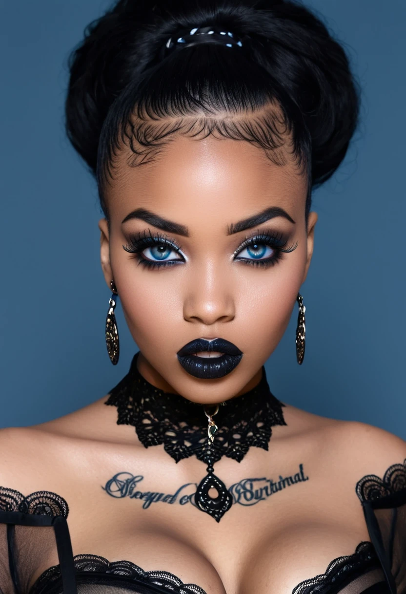 (Ganzkörper)Create a photo realistic hyper realistic heavily tattooed young adorable goth african girl, beautiful perfect face, vibrant sapphire eyes, thin curved black eyebrows, long luscious eyelashes, black eyeliner, black eye shadow, puckered curved lips, thick black lipstick, long natural african hair, black lace choker collar, voluptuous curved body, black lingerie, black thong, big breasts, top anatomie,