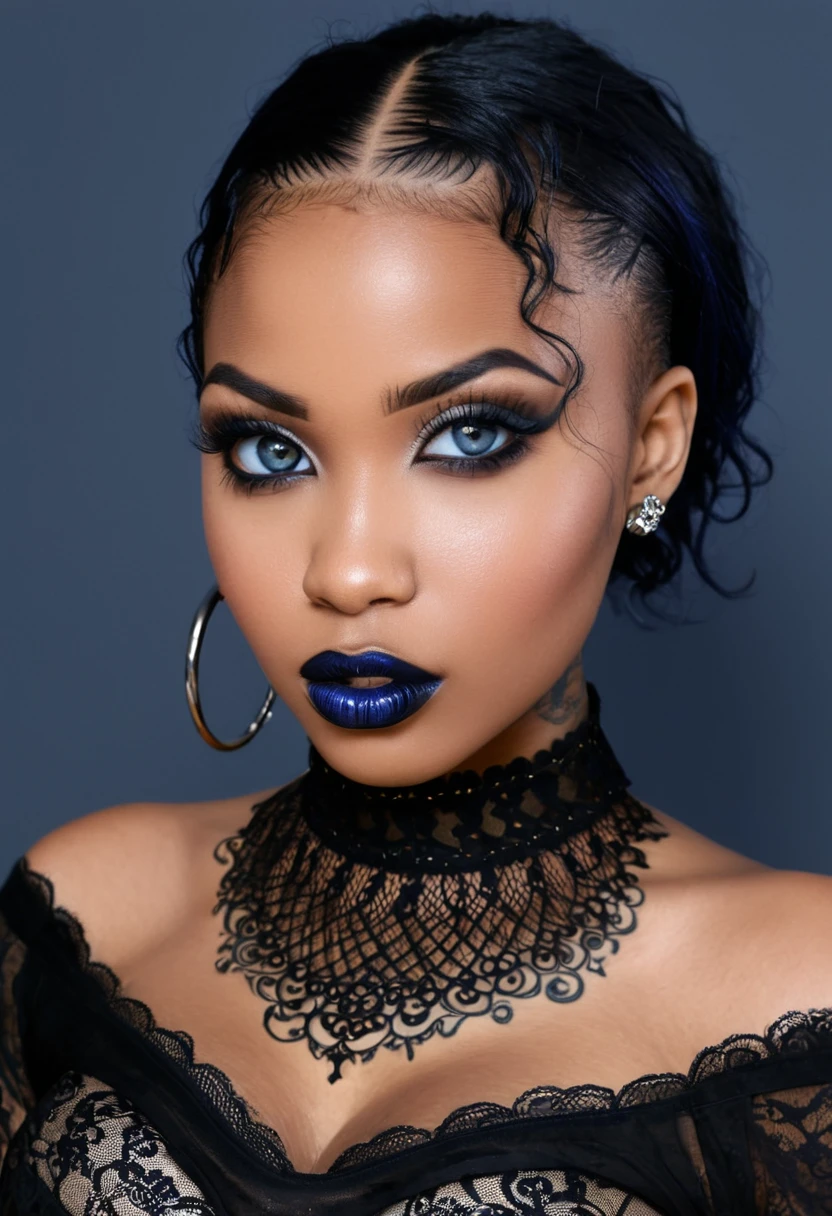(Ganzkörper)Create a photo realistic hyper realistic heavily tattooed young adorable goth african girl, beautiful perfect face, vibrant sapphire eyes, thin curved black eyebrows, long luscious eyelashes, black eyeliner, black eye shadow, puckered curved lips, thick black lipstick, long natural african hair, black lace choker collar, voluptuous curved body, black lingerie, black thong, big breasts, top anatomie,