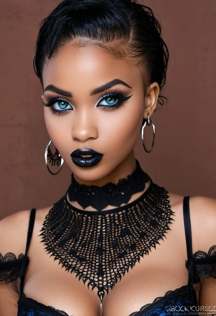 (Ganzkörper)Create a photo realistic hyper realistic heavily tattooed young adorable goth african girl, beautiful perfect face, vibrant sapphire eyes, thin curved black eyebrows, long luscious eyelashes, black eyeliner, black eye shadow, puckered curved lips, thick black lipstick, long natural african hair, black lace choker collar, voluptuous curved body, black lingerie, black thong, big breasts, top anatomie,