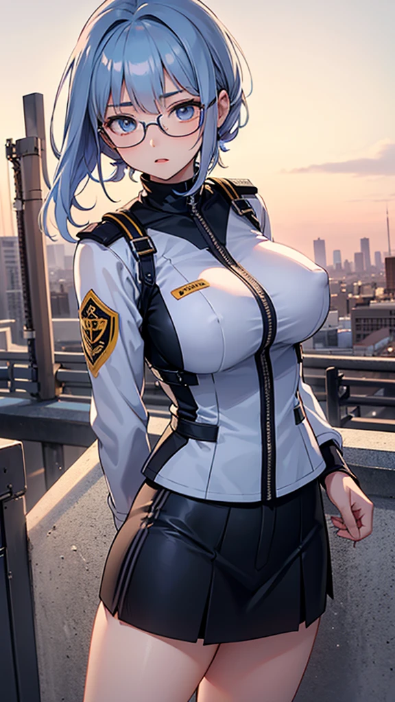Create an anime-style illustration of a named Shizuka. She has long, straight, blue hair with bangs cut straight across her forehead. She has large, almond-shaped silver-blue eyes and porcelain-like white skin. Shizuka often wears glasses.Getting ready in the morning、Super big breasts、(Highest quality:1.4), (super high quality), (Very detailedな), 1 beautiful girl, So cute, (Very large breasts:1.1), (Slender body:1.1), (thin and delicate legs), Real skin texture, (Drop your bangs to the side), Bright and shiny lips, Advent of the Beautiful Goddess, Beautiful background, Golden Ratio, Conceptual Art, Very detailed, Accurate, Advanced Details, Outdoor, Sexy Art, Bright light, Ultra-detailed illustration details, 8K wallpapers incorporating highly detailed CG, RAW Photos, Professional photos, Cinema Lighting, , (Nipple protrusions push up the uniform),mini skirt、turtleneck