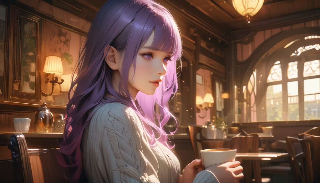 Charming Art Nouveau Cafe in America, Beautifully decorated interior, Drinking coffee2People Girls, Inji, (Purple Hair, Purple eyes, Long Hair, Gray Hair, Double Knit, Gradient Hair,Warm lighting, elegant furnishings, Detailed architecture, Realistic, 8K, Highest quality, Intricate details, Dramatic lighting, Warm tones, Atmospheric, Cinematic