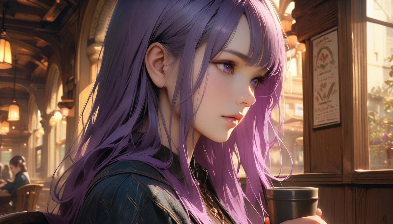Charming Art Nouveau Cafe in America, Beautifully decorated interior, Drinking coffee2People Girls, Inji, (Purple Hair, Purple eyes, Long Hair, Gray Hair, Double Knit, Gradient Hair,Warm lighting, elegant furnishings, Detailed architecture, Realistic, 8K, Highest quality, Intricate details, Dramatic lighting, Warm tones, Atmospheric, Cinematic