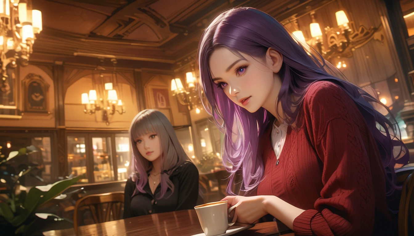 Charming Art Nouveau Cafe in America, Beautifully decorated interior, Drinking coffee2People Girls, Inji, (Purple Hair, Purple eyes, Long Hair, Gray Hair, Double Knit, Gradient Hair,Warm lighting, elegant furnishings, Detailed architecture, Realistic, 8K, Highest quality, Intricate details, Dramatic lighting, Warm tones, Atmospheric, Cinematic